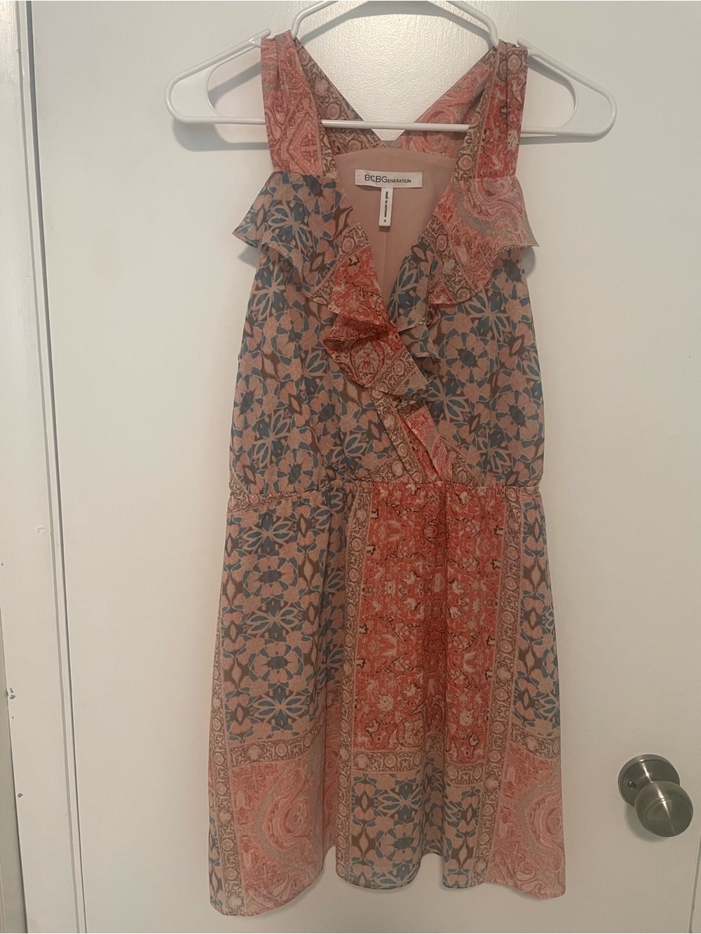 BCBGeneration Coral and Blue Paisley Ruffle Dress